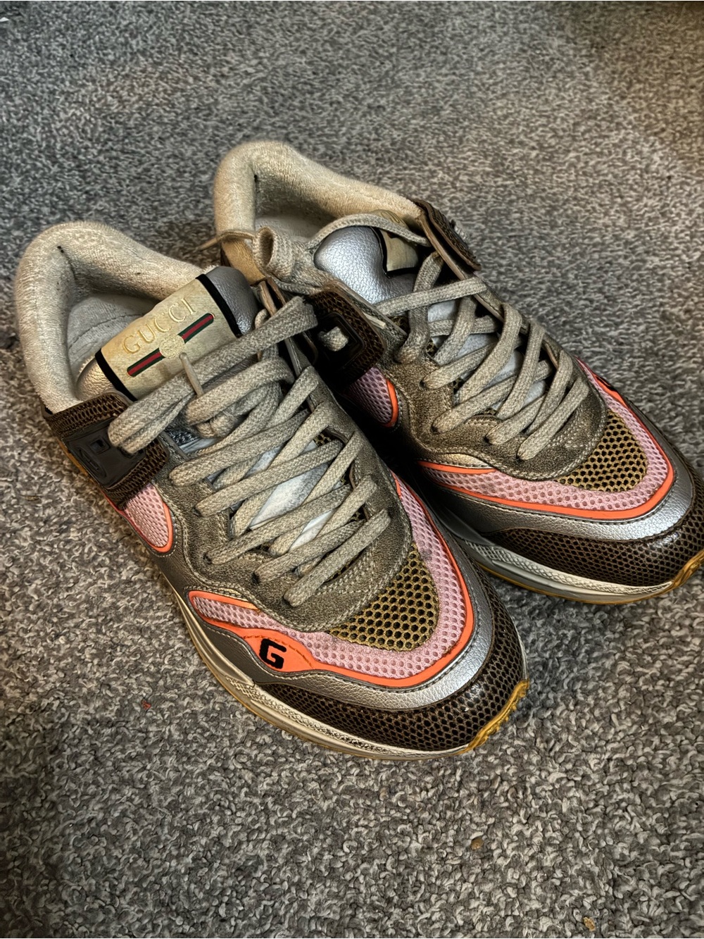 Gucci Gray, Pink & Brown Mixed-Media Sneakers